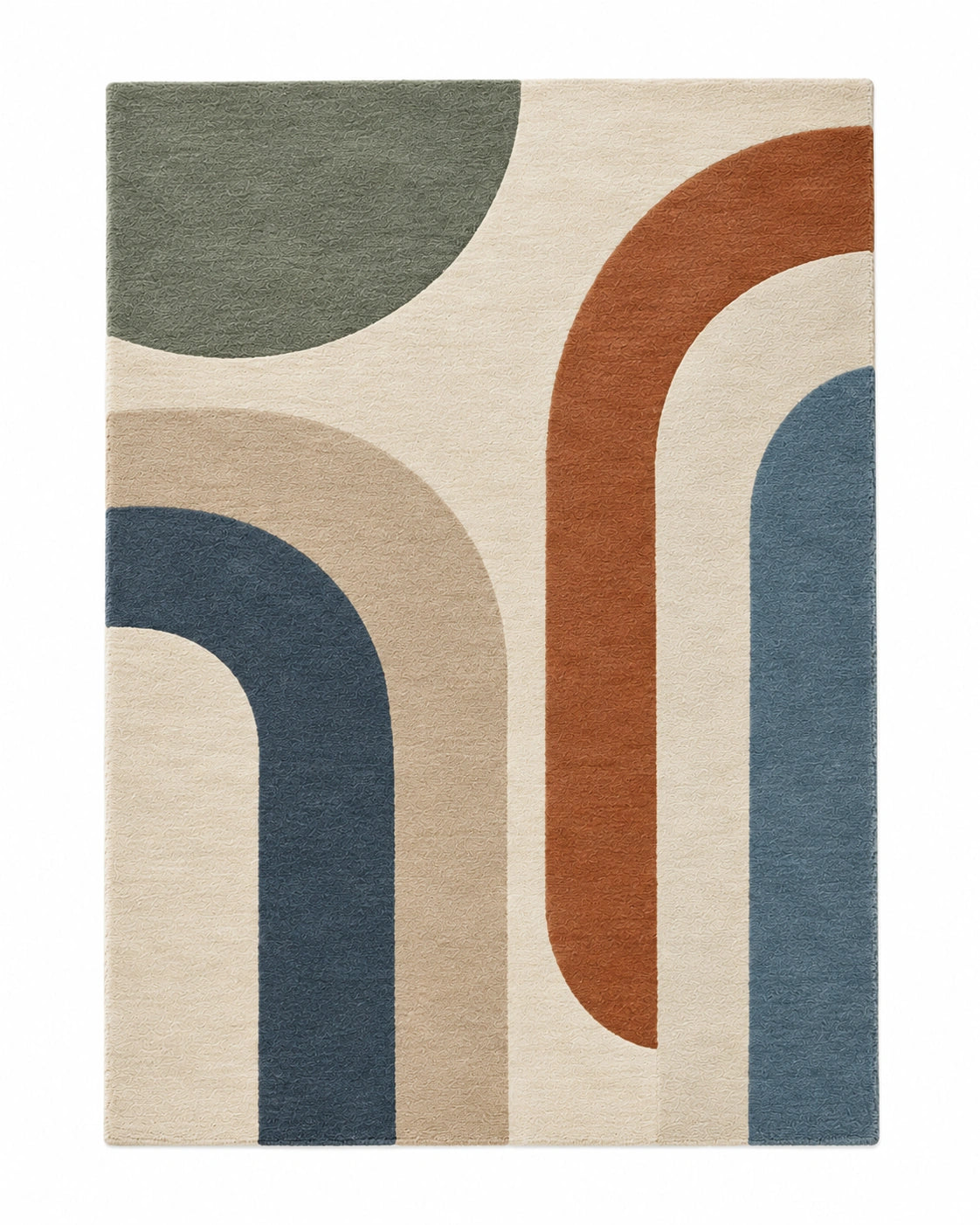 A rectangular area rug with a retro abstract design featuring large arches and semi-circles in muted tones of blue, rust orange, beige, and gray on a cream background.