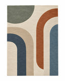 A rectangular area rug with a retro abstract design featuring large arches and semi-circles in muted tones of blue, rust orange, beige, and gray on a cream background.