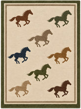 A rectangular area rug with a cream background featuring nine stylized galloping horses in various colors including brown, green, blue, tan, and orange. The rug is framed by a dark olive green border and a thin beige inner border.