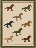 A rectangular area rug with a cream background featuring nine stylized galloping horses in various colors including brown, green, blue, tan, and orange. The rug is framed by a dark olive green border and a thin beige inner border.
