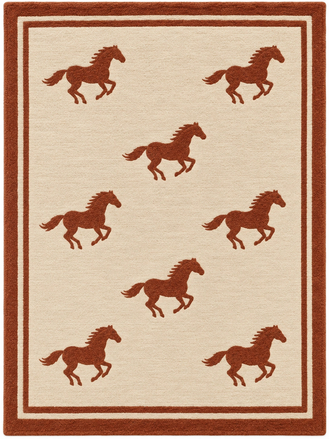 A rectangular area rug with a cream background, featuring a border and eight brown running horse motifs arranged across the surface.