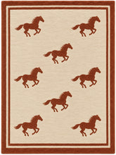 A rectangular area rug with a cream background, featuring a border and eight brown running horse motifs arranged across the surface.