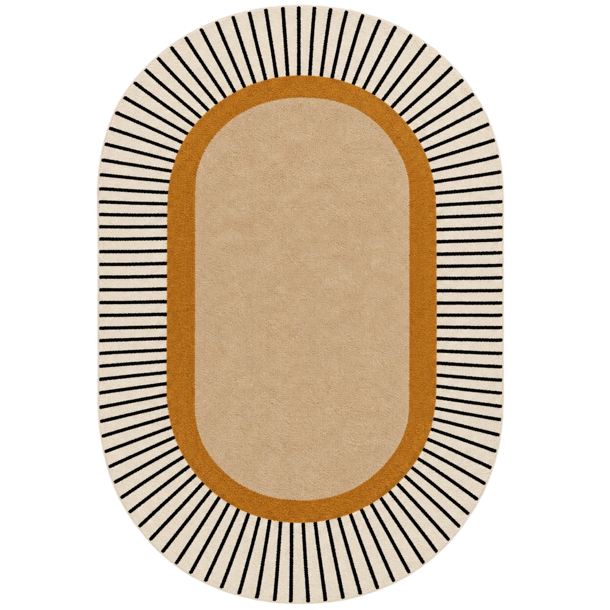 An oval area rug with a modern geometric design, featuring a large beige center, a warm ochre border, and thin black radiating lines on a cream outer edge.