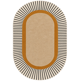An oval area rug with a modern geometric design, featuring a large beige center, a warm ochre border, and thin black radiating lines on a cream outer edge.