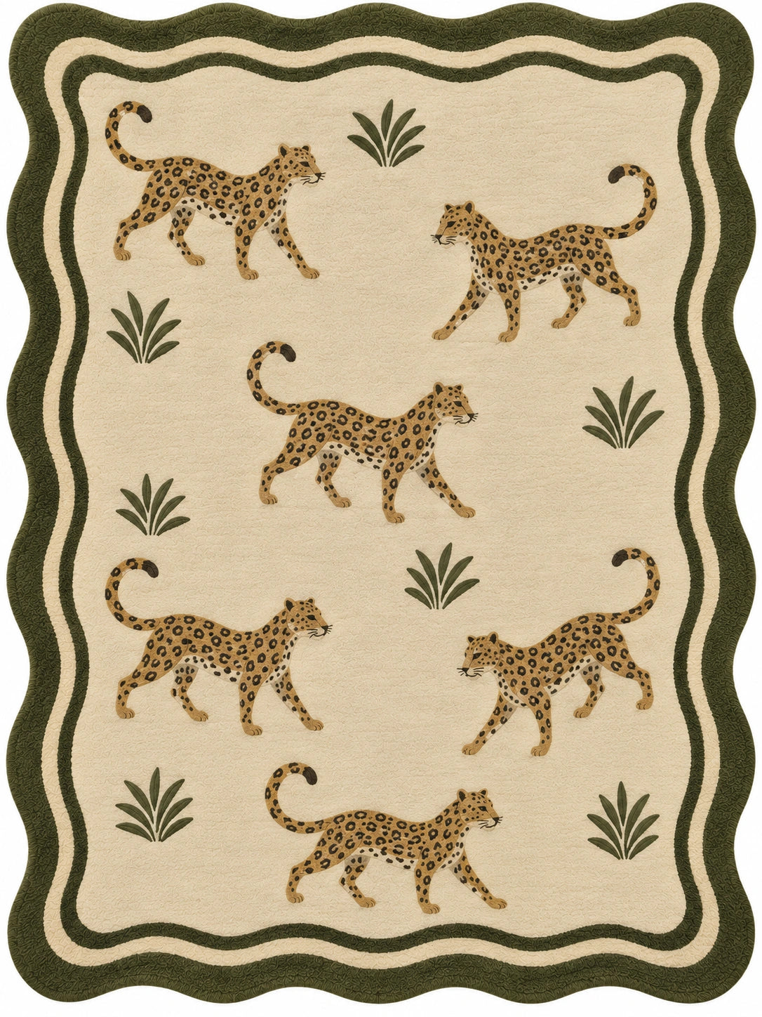 A rectangular area rug with a scalloped border, featuring a repeating pattern of walking cheetahs and small palm-like plants on a warm beige background.