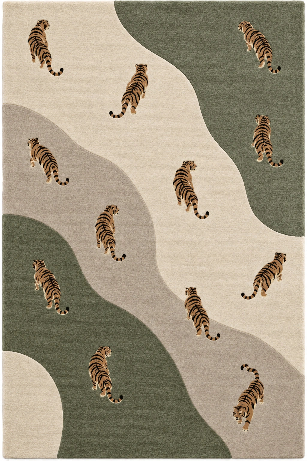 An area rug featuring a pattern of walking tigers on abstract wavy bands of sage green, cream, and light gray.