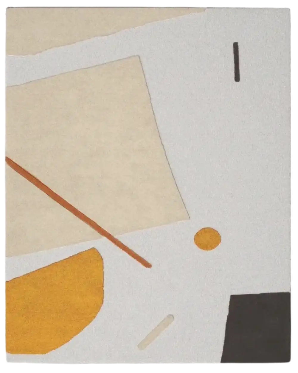 Geometric hand-tufted wool rug with abstract shapes in beige, mustard, black, and rust colors