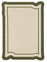 A rectangular area rug with a scalloped border, featuring a warm cream center, a light beige inner border, and a dark olive green outer border.