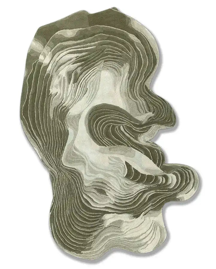 Abstract curve woolen hand tufted rug with layered beige and olive green tones