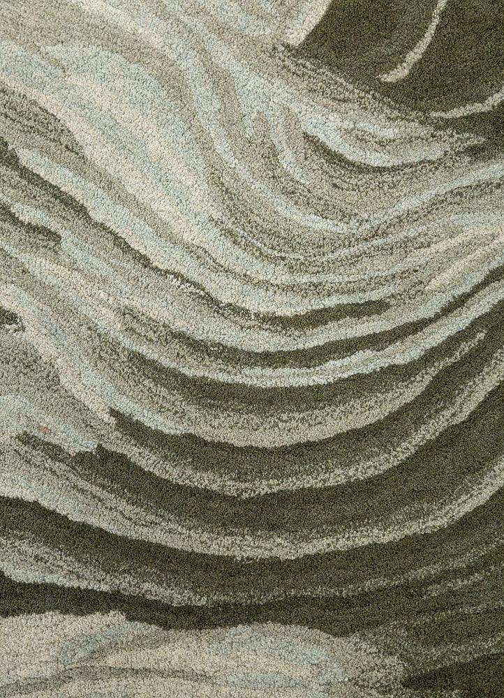 Abstract woolen hand-tufted rug with curved wave patterns in shades of gray and beige