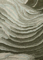 Abstract woolen hand-tufted rug with curved wave patterns in shades of gray and beige