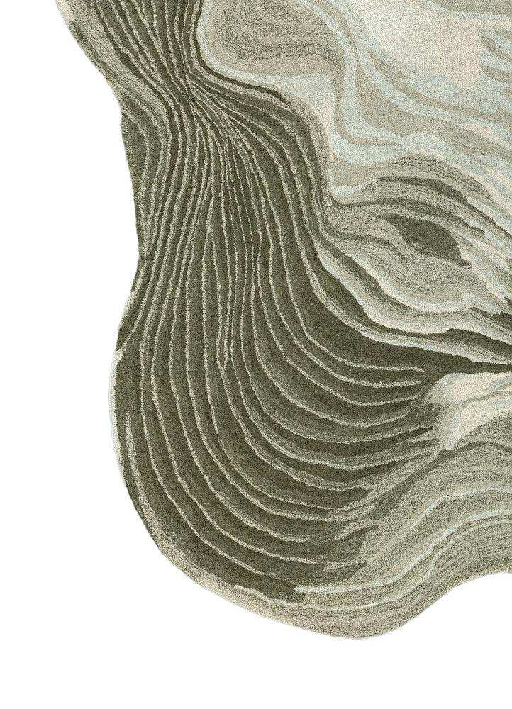Abstract woolen hand-tufted rug with curved lines and earth-tone beige and olive green colors