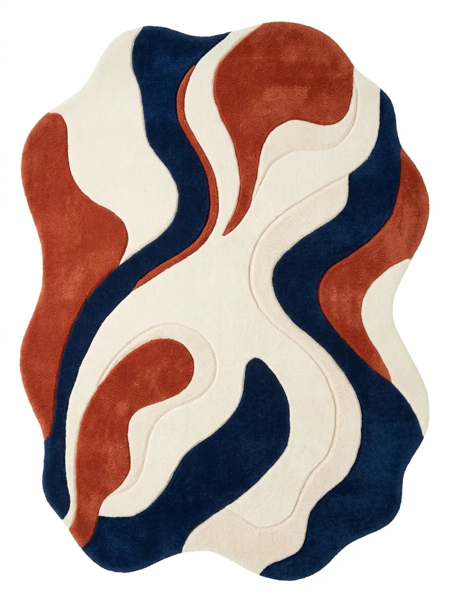 Abstract rug with wavy pattern in red, blue, and beige on a white background