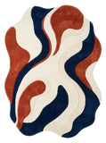 Abstract rug with wavy pattern in red, blue, and beige on a white background