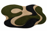 Abstract rug with wavy patterns in green, black, and beige on a white background