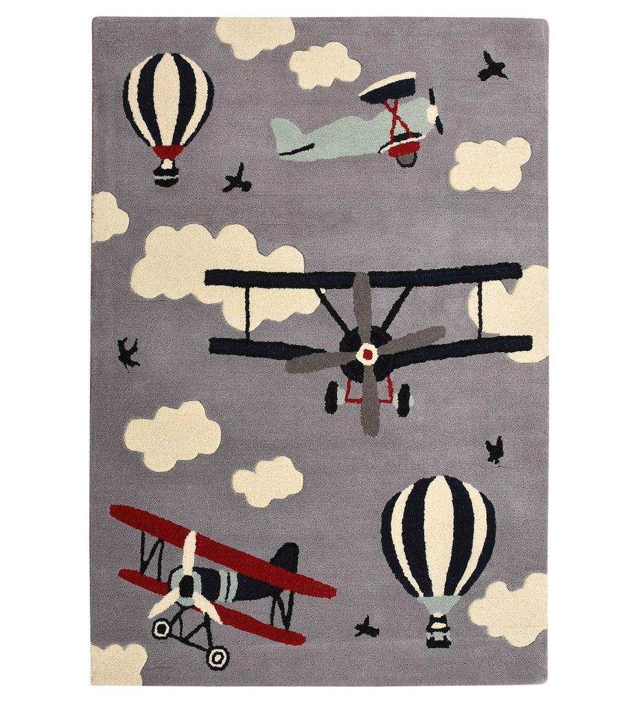Hand-tufted wool rug with vintage biplanes, hot air balloons, clouds, and birds on gray background