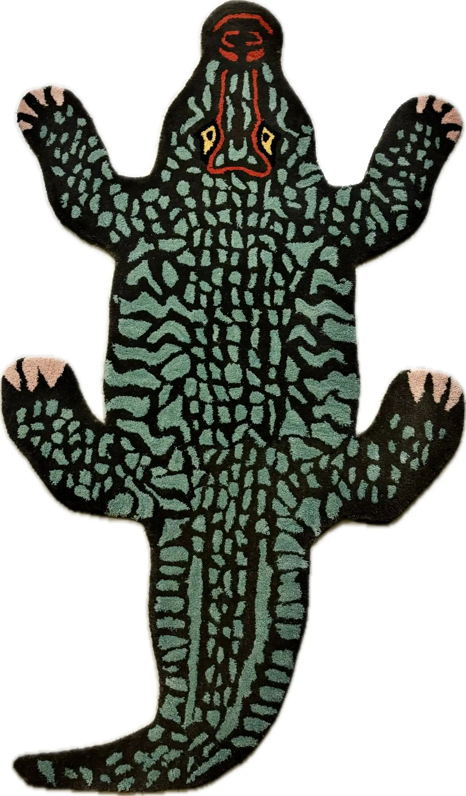 Hand tufted alligator-shaped rug with green, black, coral, and yellow accents, luxury home decor