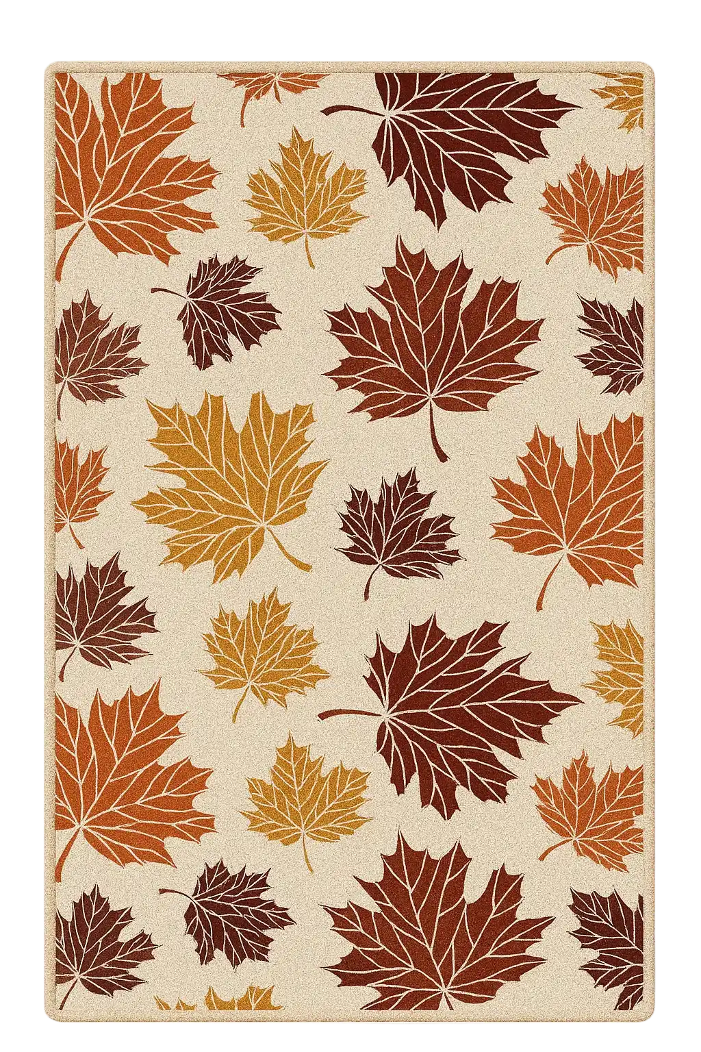 Autumn-themed rug with large orange, yellow, and brown maple leaves on beige background