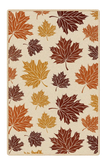Autumn-themed rug with large orange, yellow, and brown maple leaves on beige background