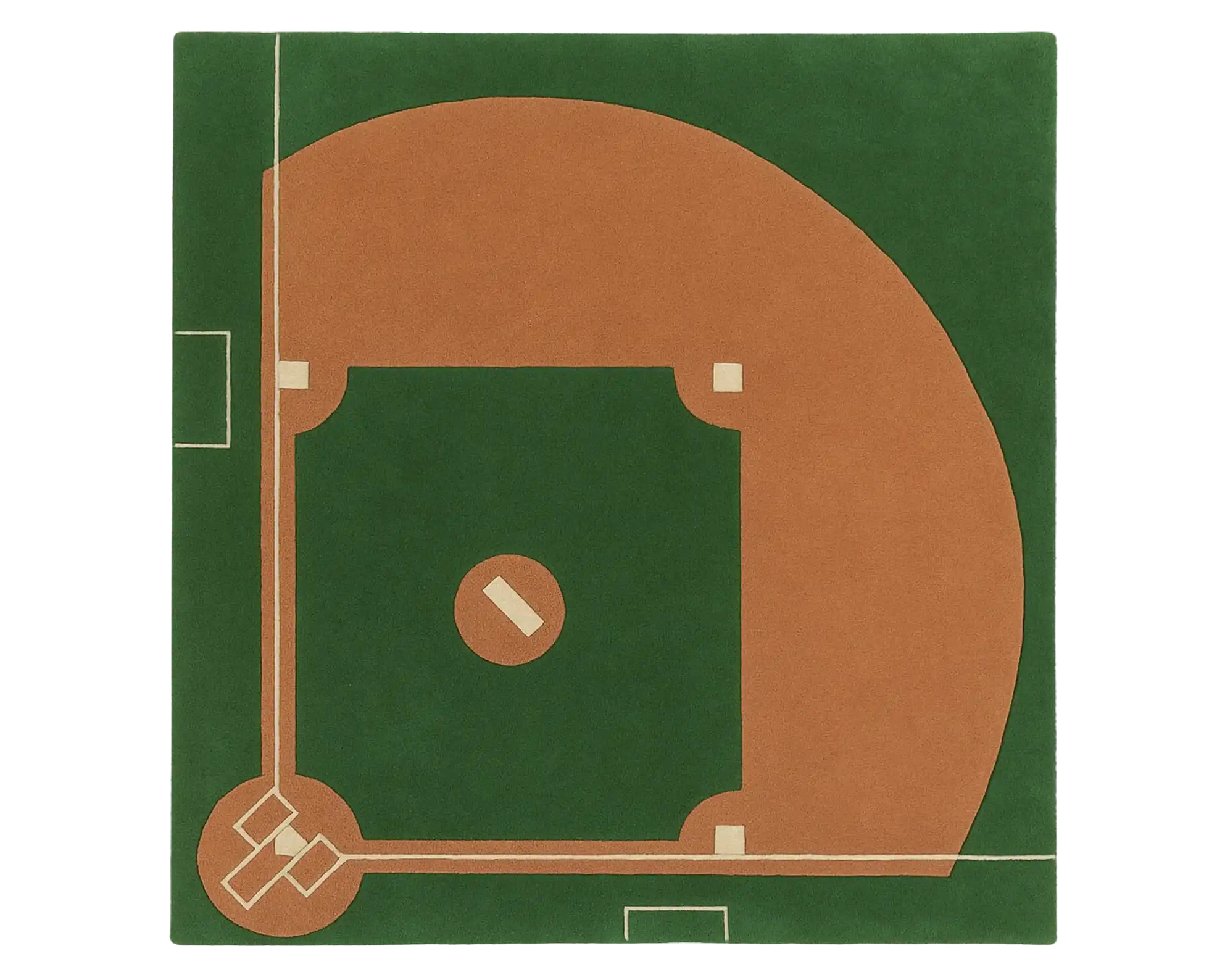Luxury baseball field rug featuring pitcher's mound and base lines.