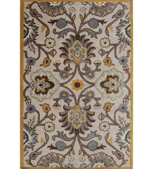 Beige hand-tufted traditional wool rug with floral motifs in blue, gold, and brown, framed by a gold border