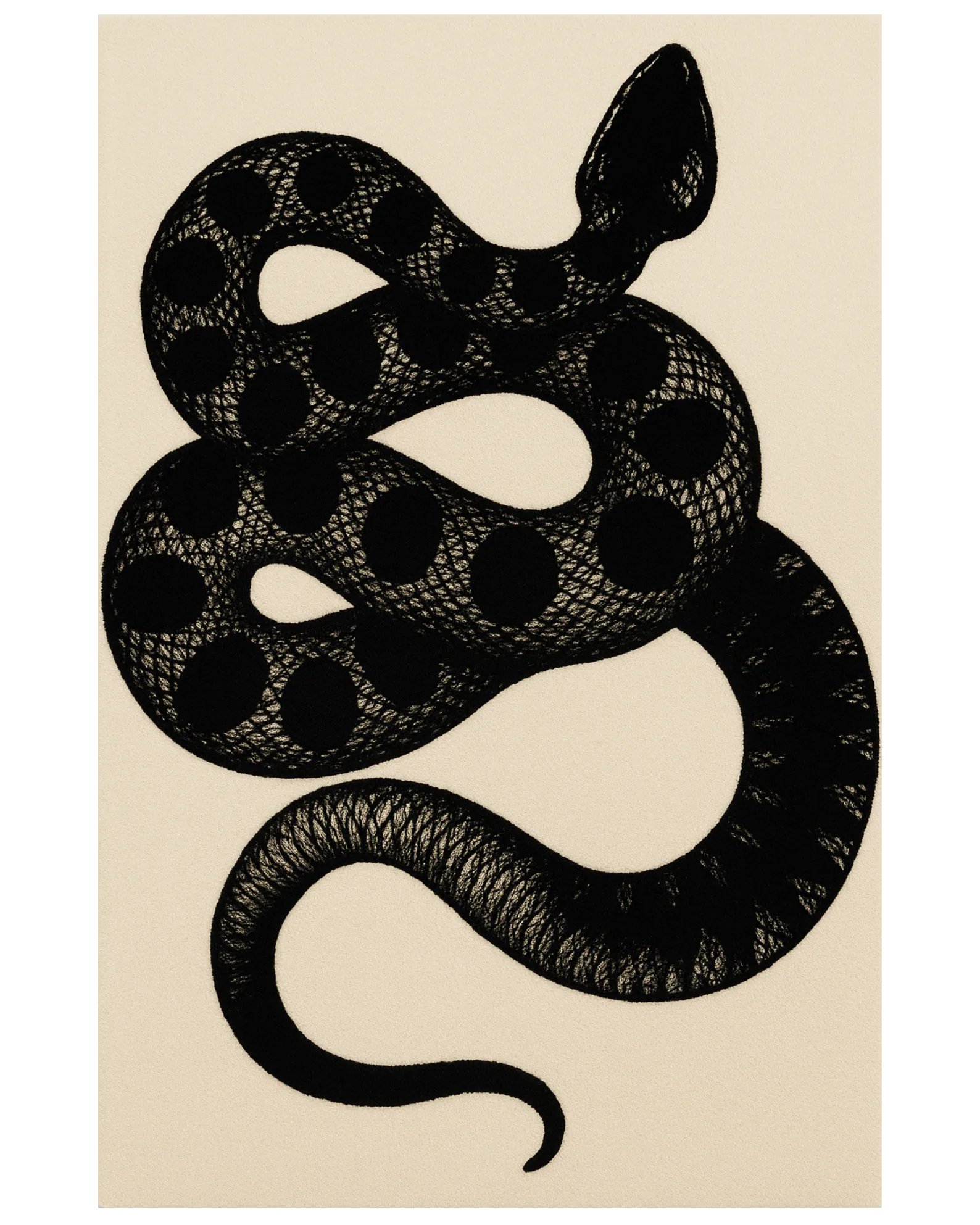 Beige and black snake design novelty rug.