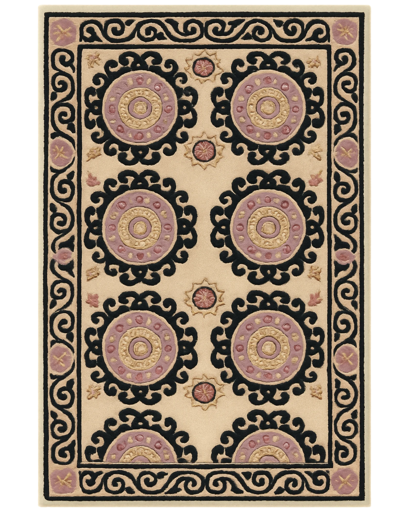 Beige & Black Hand-Tufted Wool Medallion Rug – Luxury Classic Design.