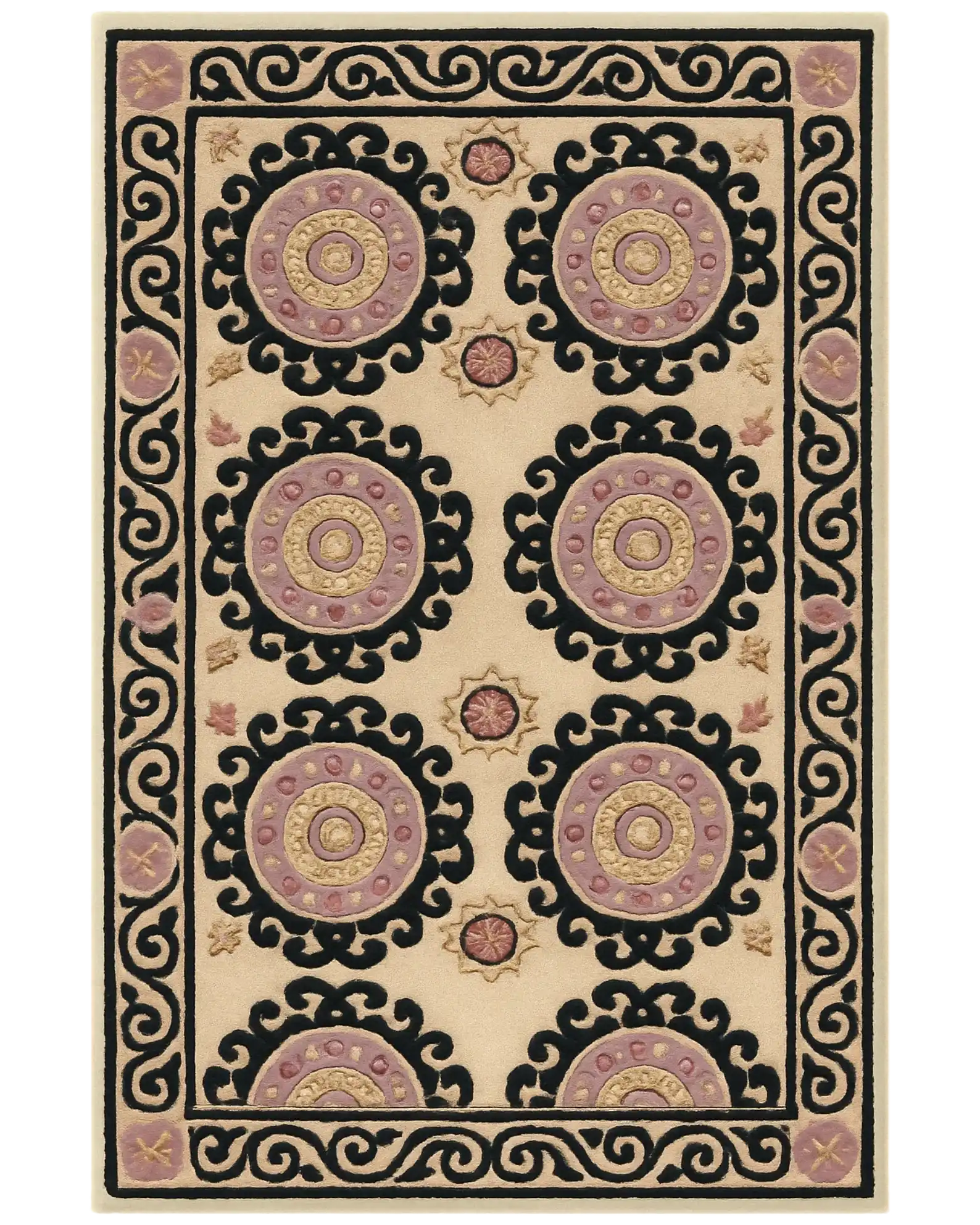 Beige & Black Hand-Tufted Wool Medallion Rug – Luxury Classic Design.