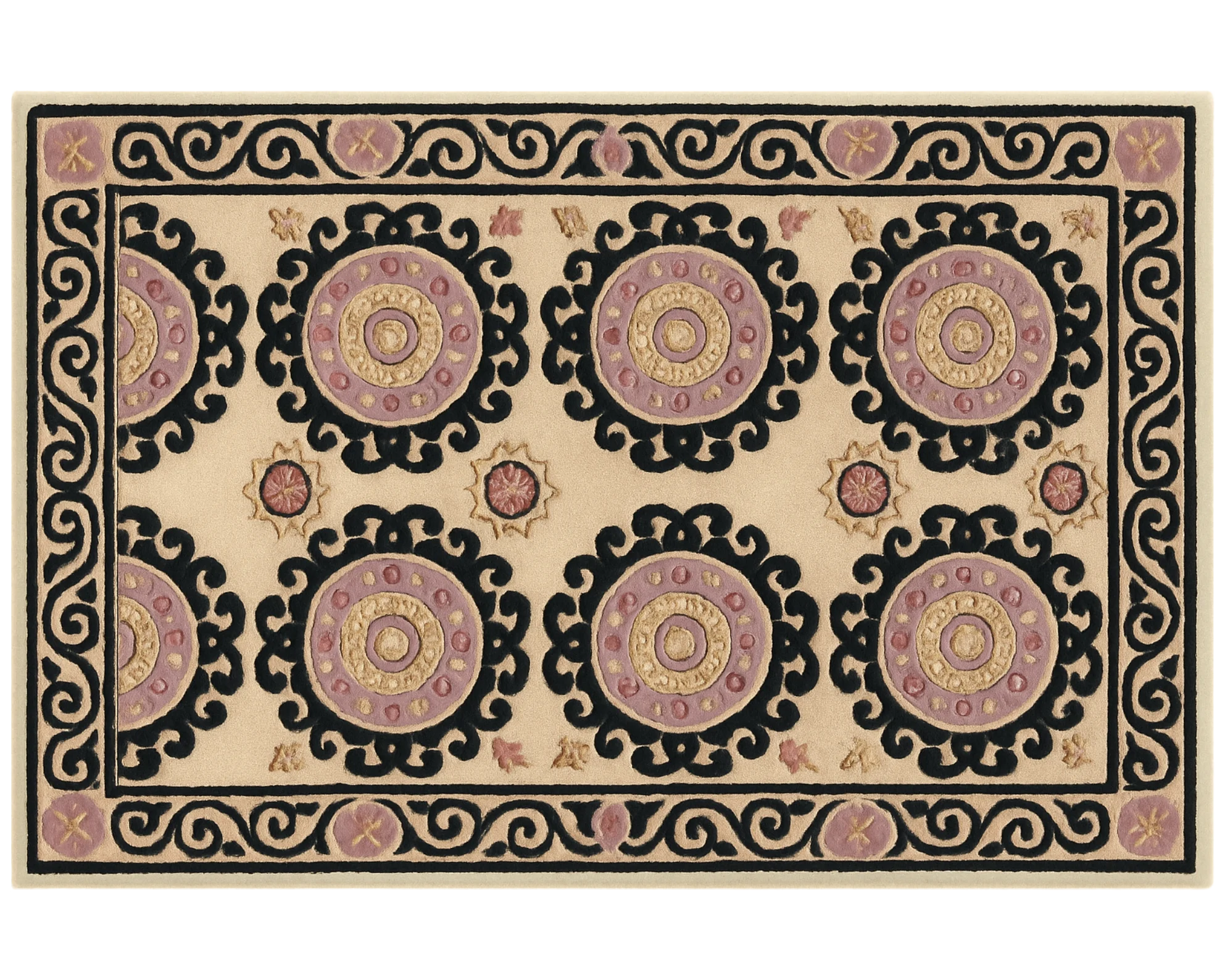Handcrafted wool Medallion Rug featuring black border and ornate circles.