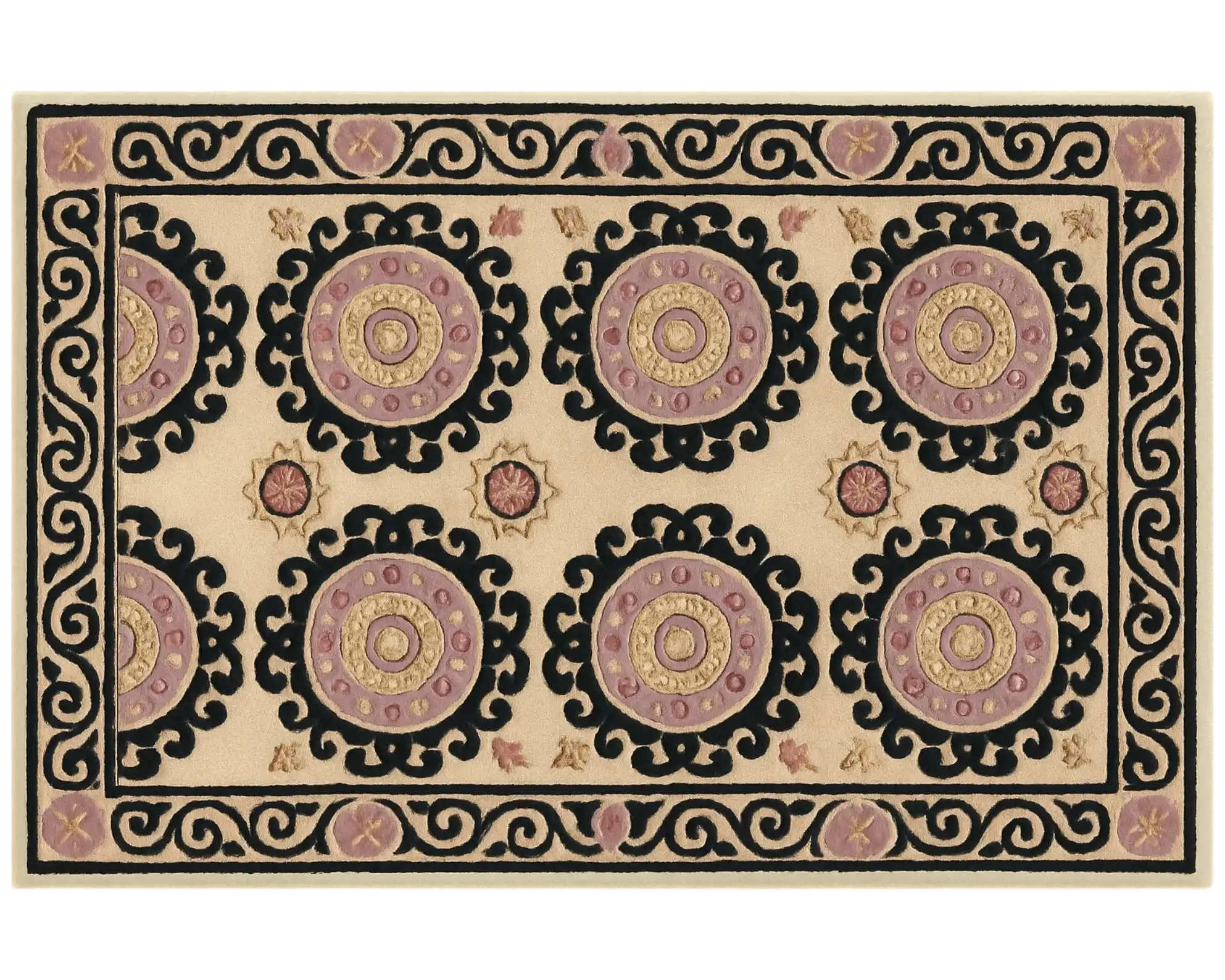 Handcrafted wool Medallion Rug featuring black border and ornate circles.