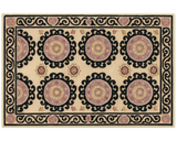 Handcrafted wool Medallion Rug featuring black border and ornate circles.