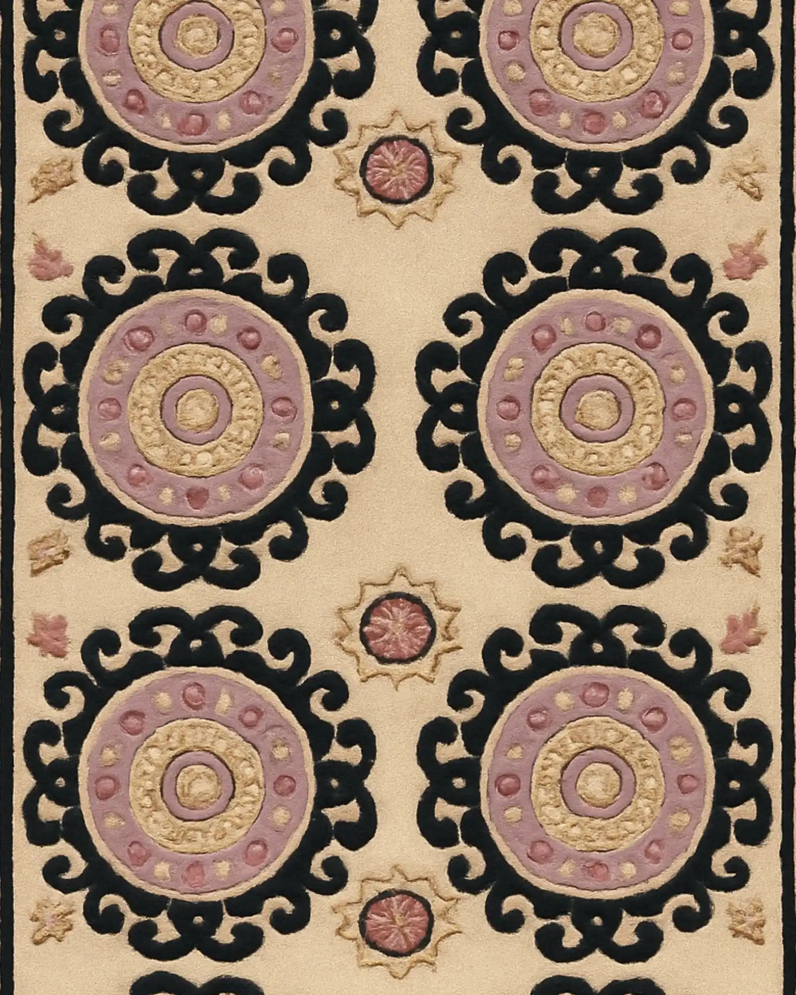 Elegant beige Medallion Rug with gold and lavender circular motifs.