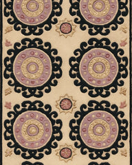 Elegant beige Medallion Rug with gold and lavender circular motifs.