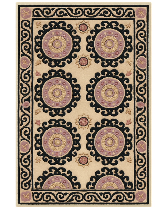 Beige & Black Hand-Tufted Wool Medallion Rug – Luxury Classic Design.