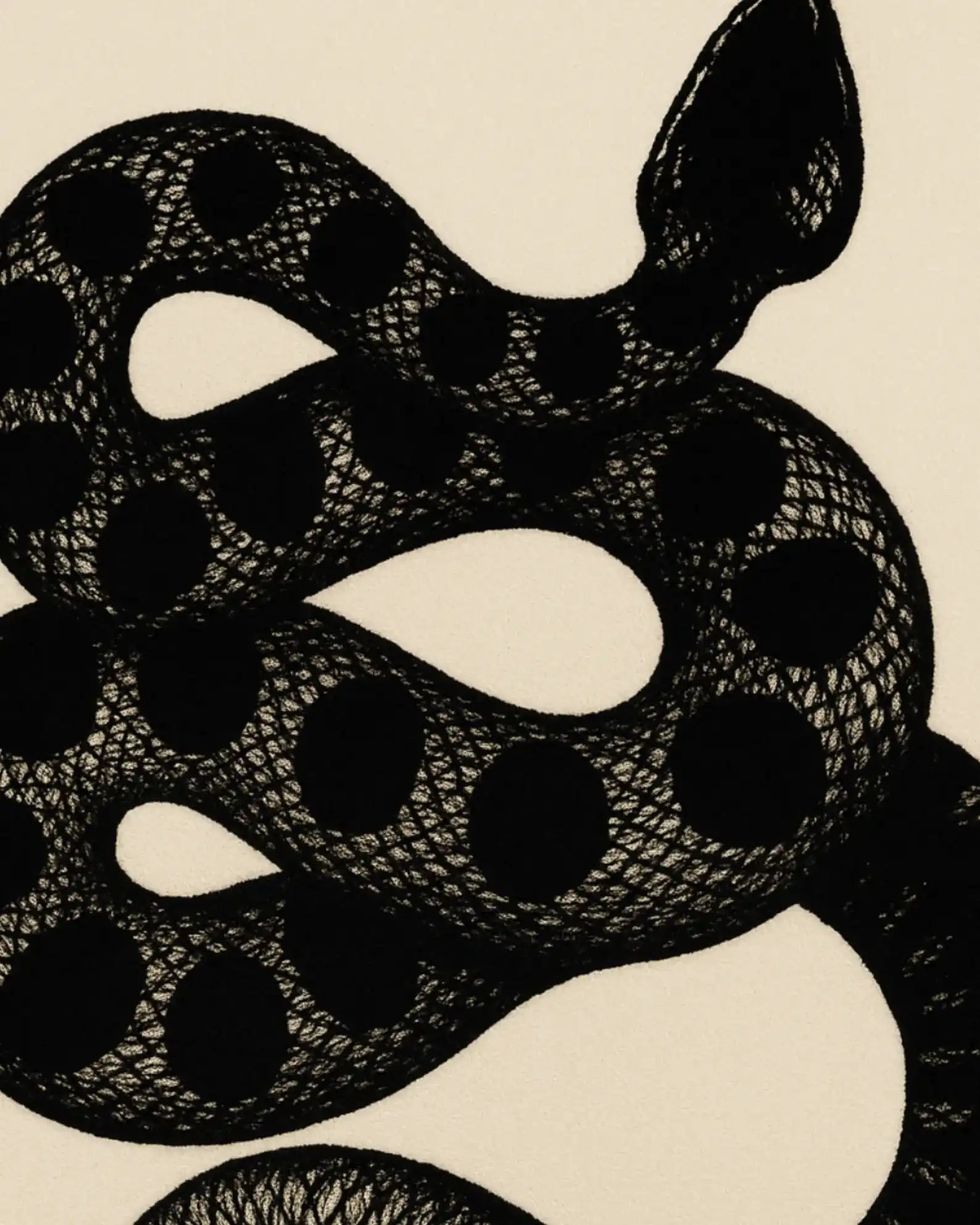 Artistic novelty area rug featuring black snake on beige base.