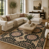 Beige & Black Classic Medallion Area Rug - Hand Tufted