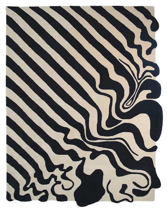 Luxury beige and black hand-tufted wool area rug with modern flow stripe design.