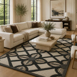 Beige & Black Modern Geometric Lattice Area Rug - Hand Tufted