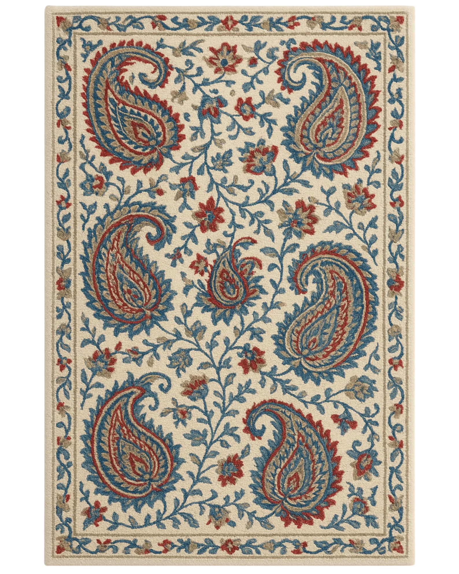 Beige, blue, and red paisley area rug in hand-tufted wool.