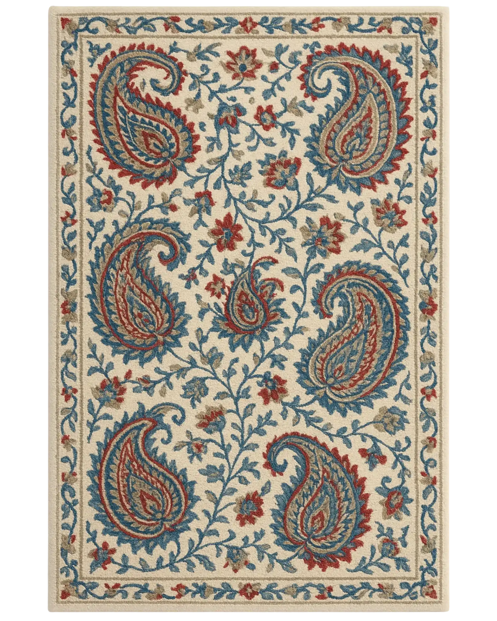 Beige, blue, and red paisley area rug in hand-tufted wool.