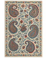 Beige, blue, and red paisley area rug in hand-tufted wool.