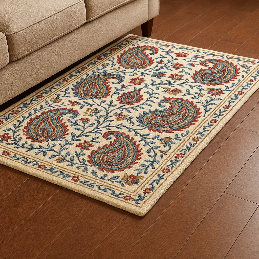 Luxury paisley area rug with traditional floral motifs.