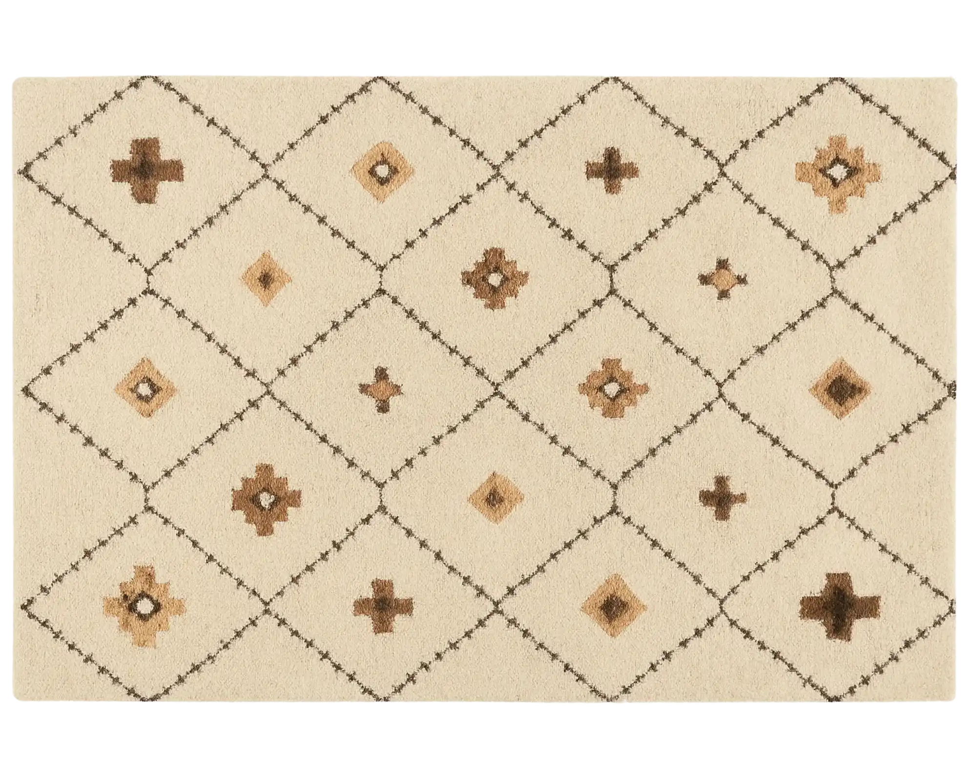 Boho geometric wool rug with beige and tan diamond pattern.