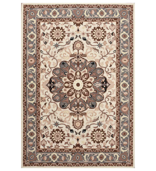 Traditional medallion hand-tufted wool rug in beige, brown, and blue