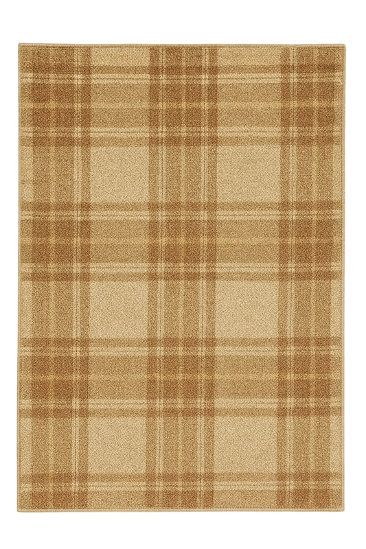 Beige and brown plaid machine washable rug with farmhouse style.