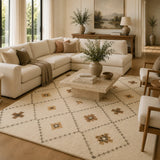 Beige & Brown Bohemian Geometric Diamond Area Rug - Hand Tufted