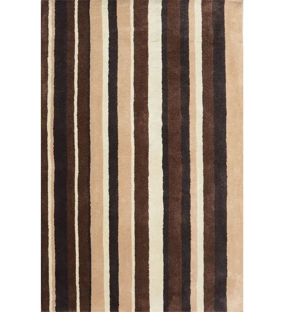Beige, brown, and ivory hand-tufted wool rug with modern striped design.