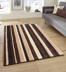 Luxury neutral wool rug featuring vertical beige and brown stripes.