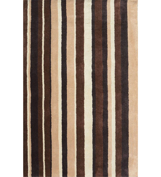 Beige, brown, and ivory hand-tufted wool rug with modern striped design.