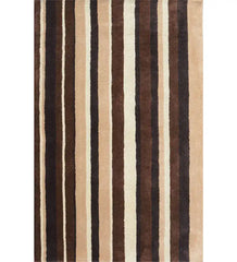 Beige, brown, and ivory hand-tufted wool rug with modern striped design.